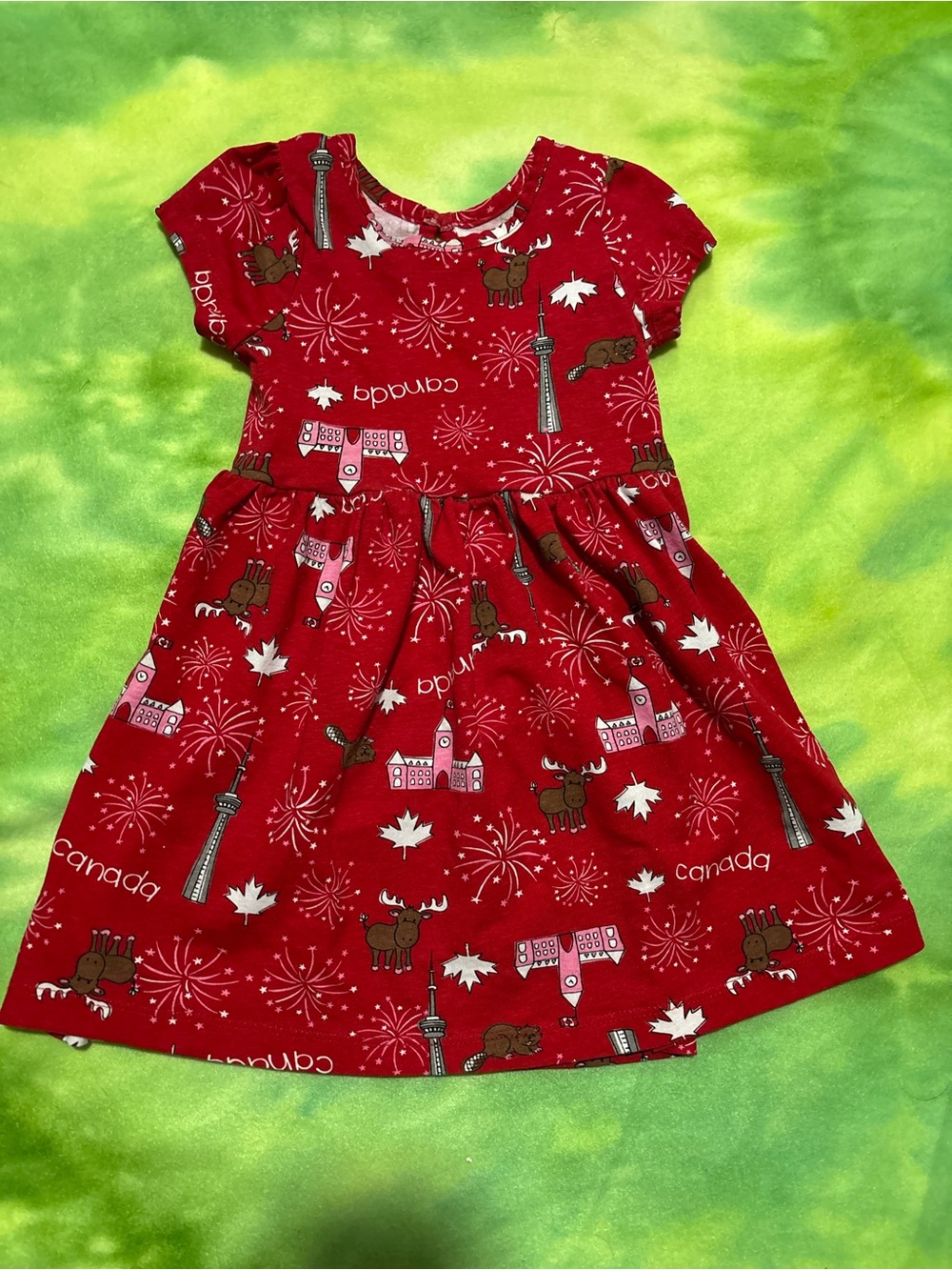 Girls' Red Canada Print Cotton Dress